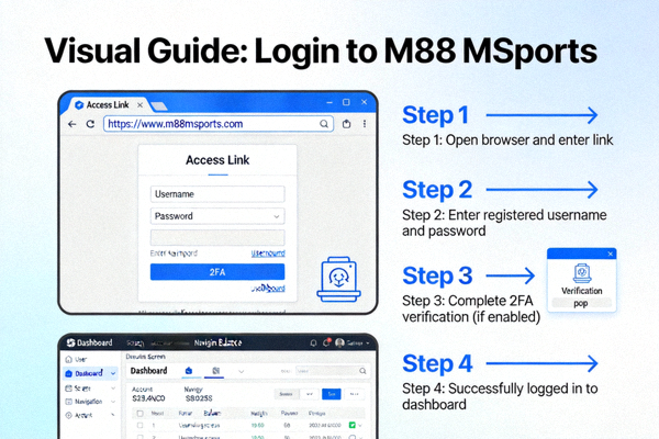 Visual guide proses login M88 MSports dari akses link hingga masuk dashboard