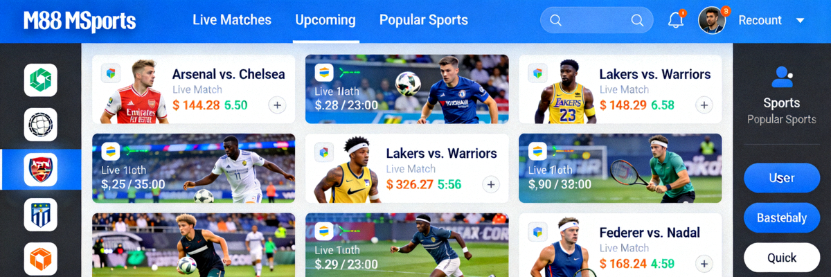 Tampilan antarmuka modern platform M88 MSports dengan berbagai pertandingan olahraga