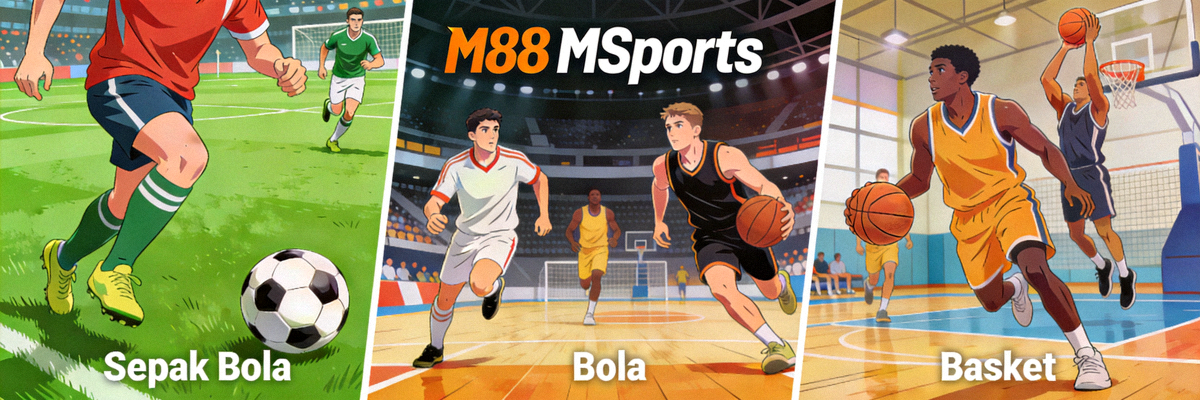 Visual berbagai jenis olahraga yang tersedia di platform M88 MSports seperti sepak bola dan basket